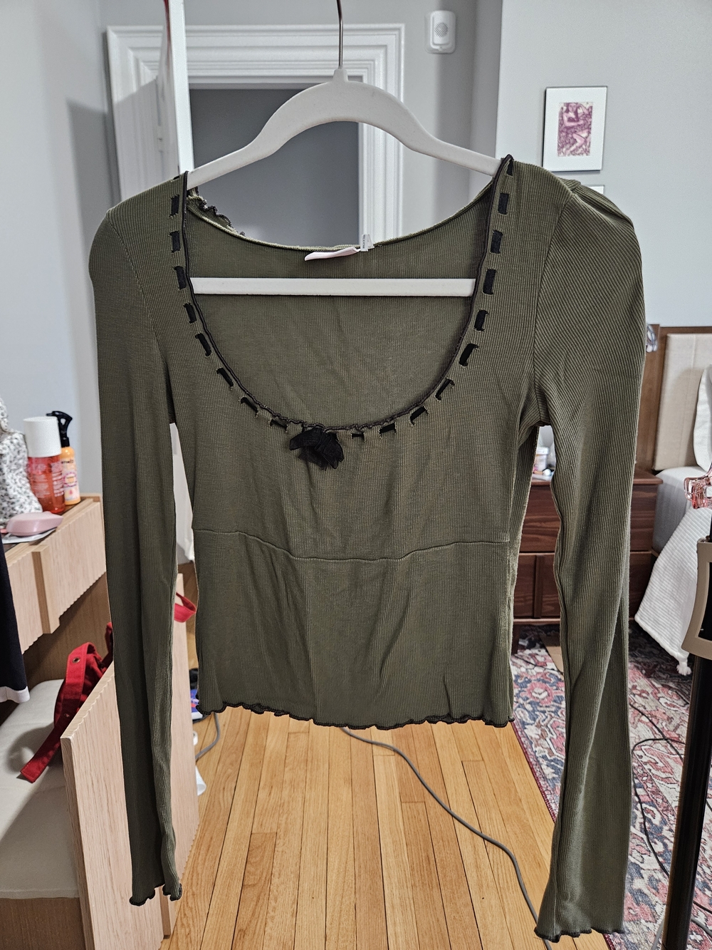 UO Out from Under - Olive Green Long Sleeve Scoop Top with Trim